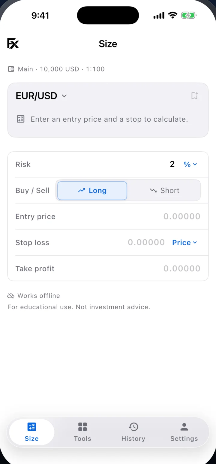 The Lotwise position size screen: the account profile and EUR/USD at the top, then risk, direction, entry, stop and take profit, over a tab bar of Size, Tools, History and Settings.