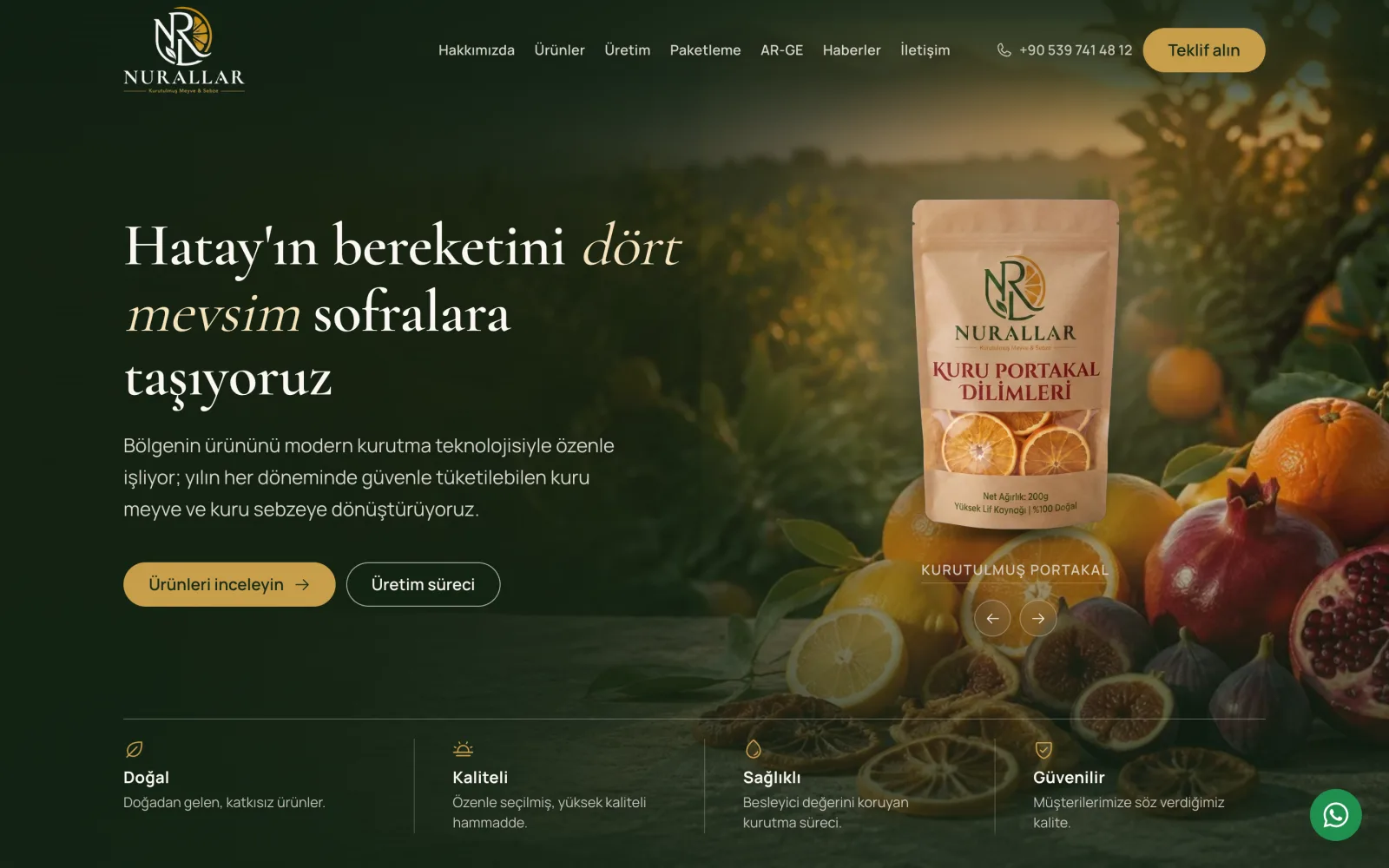 The Nurallar home page: a serif headline over an orchard at dusk, a product pouch on a carousel, and four quality claims along the bottom.
