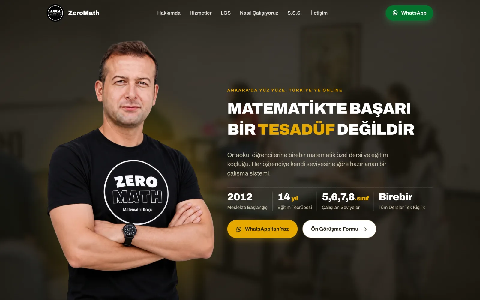 The ZeroMath home page: the tutor stands beside the headline, with years taught, grade levels and the one-to-one format set out underneath and two ways to get in touch.